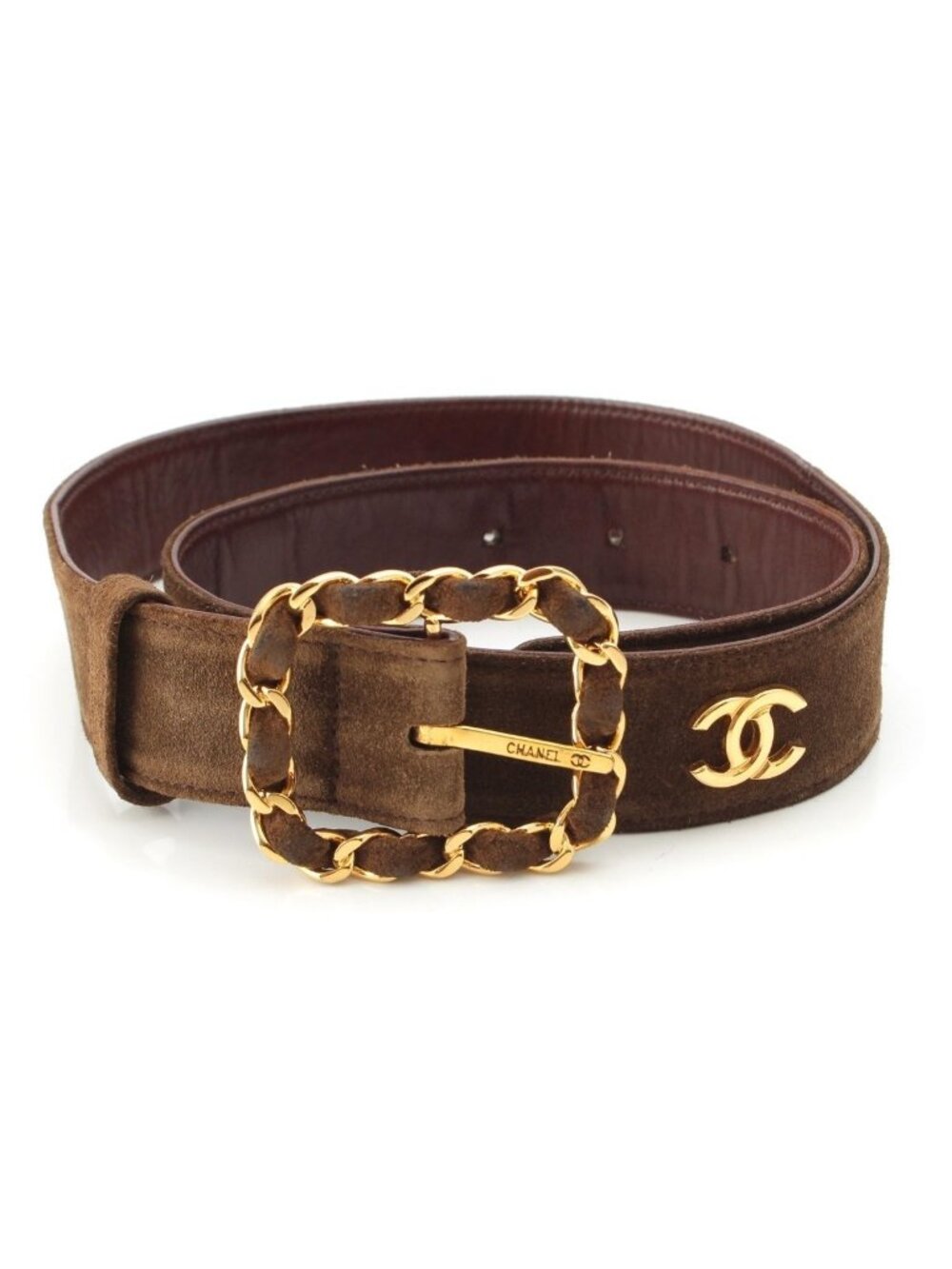 Chanel Suede CC Logo Chain Buckle Vintage Belt Brown 75/30